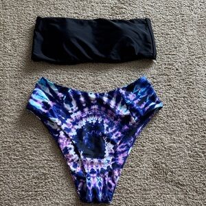 Black and Tie-Dye High-Waisted Swimsuit